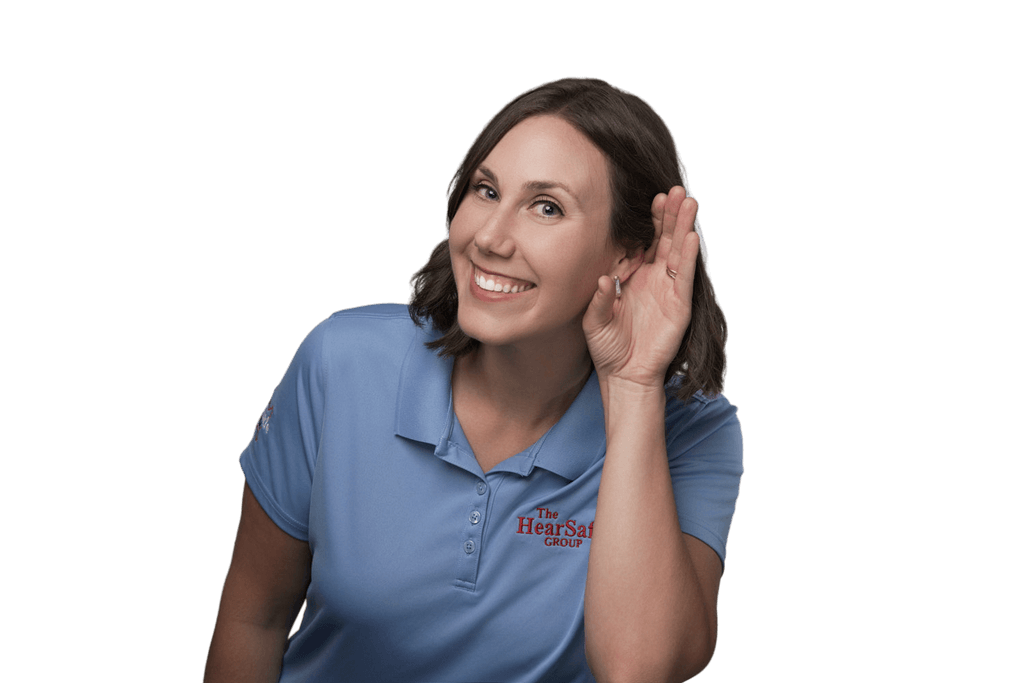 A HearSafe Group specialist cupping her ear